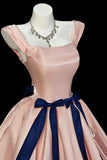 Pink Satin Ballgown with Navy Ribbon Waist, A-Line Formal Evening Gown HZ0429