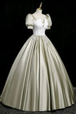 Gray Green Satin Long Prom Dress, Elegant Short Sleeve Evening Party Dress HZ0429