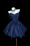 Navy Off-the-Shoulder Satin Mini Ball Gown, Lovely A-Line Party Gown HZ0429