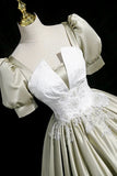 Gray Green Satin Long Prom Dress, Elegant Short Sleeve Evening Party Dress HZ0429