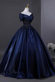 Elegant Navy Satin Beads Long Prom Dress, Off the Shoulder Evening Party Dress HZ0429