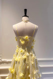 Yellow Tulle Flowers Tea Length Prom Dress, Lovely A-Line Party Dress HZ0429