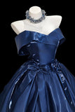 Navy Off-the-Shoulder Satin Mini Ball Gown, Lovely A-Line Party Gown HZ0429