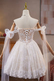 Ivory Lace Flower Pearl Birthday Short Party Dress, Lovely A-Line Prom Dress HZ0429