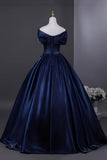 Elegant Navy Satin Beads Long Prom Dress, Off the Shoulder Evening Party Dress HZ0429