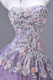 Purple Floral Embellished Tulle Prom Gown with Sheer Overlay | Strapless Formal Evening Dress HZ0429