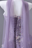 Purple Floral Embellished Tulle Prom Gown with Sheer Overlay | Strapless Formal Evening Dress HZ0429