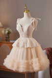 Champagne Tulle Lace Short Prom Dress, Lovely A-Line Party Dress HZ0429