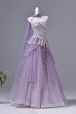 Purple Floral Embellished Tulle Prom Gown with Sheer Overlay | Strapless Formal Evening Dress HZ0429