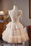 Champagne Tulle Lace Short Prom Dress, Lovely A-Line Party Dress HZ0429