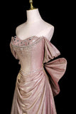 Pink Off Shoulder Prom Dress with Puff Sleeves, Glitter Formal Evening Gown HZ0429