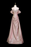 Pink Off Shoulder Prom Dress with Puff Sleeves, Glitter Formal Evening Gown HZ0429