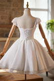 A-Line Tulle Lace Short Prom Dress, White Knee Length Prom Party Dress HZ0429