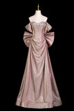 Pink Off Shoulder Prom Dress with Puff Sleeves, Glitter Formal Evening Gown HZ0429