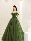 Green Tulle Floor Length Prom Dress, Lovely Off the Shoulder Evening Party Dress HZ0429