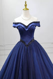 A-Line Tulle Beading Long Prom Dresses, Off the Shoulder Evening Dresses HZ0429