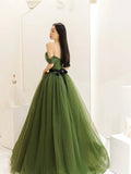Green Tulle Floor Length Prom Dress, Lovely Off the Shoulder Evening Party Dress HZ0429