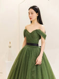 Green Tulle Floor Length Prom Dress, Lovely Off the Shoulder Evening Party Dress HZ0429
