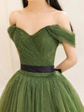 Green Tulle Floor Length Prom Dress, Lovely Off the Shoulder Evening Party Dress HZ0429
