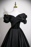 A-Line Satin Long Prom Dress, Black Off the Shoulder Evening Party Dress HZ0429