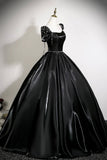 Black Satin Ball Gown with Puff Sleeves Square Neck Formal Evening Dress for Prom HZ0429