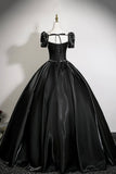 Black Satin Ball Gown with Puff Sleeves Square Neck Formal Evening Dress for Prom HZ0429
