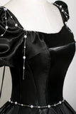 Black Satin Ball Gown with Puff Sleeves Square Neck Formal Evening Dress for Prom HZ0429