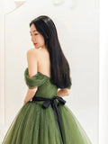 Green Tulle Floor Length Prom Dress, Lovely Off the Shoulder Evening Party Dress HZ0429