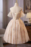 Champagne Tulle Sequins Short Prom Dress, Lovely A-Line Homecoming Party Dress HZ0429