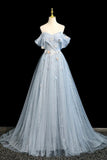 Beautiful Blue Tulle Flowers Long Prom Dresses, A-Line Off the Shoulder Evening Party Dress HZ0429