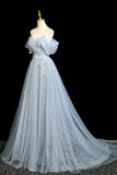 Beautiful Blue Tulle Flowers Long Prom Dresses, A-Line Off the Shoulder Evening Party Dress HZ0429