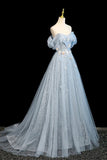 Beautiful Blue Tulle Flowers Long Prom Dresses, A-Line Off the Shoulder Evening Party Dress HZ0429
