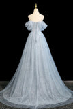 Beautiful Blue Tulle Flowers Long Prom Dresses, A-Line Off the Shoulder Evening Party Dress HZ0429