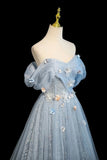 Beautiful Blue Tulle Flowers Long Prom Dresses, A-Line Off the Shoulder Evening Party Dress HZ0429