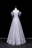 Silver Gray Tulle Snowflake Prom Gown | Off Shoulder Evening Dress with Sparkle HZ0429