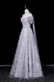 Silver Gray Tulle Snowflake Prom Gown | Off Shoulder Evening Dress with Sparkle HZ0429