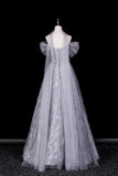 Silver Gray Tulle Snowflake Prom Gown | Off Shoulder Evening Dress with Sparkle HZ0429