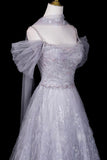 Silver Gray Tulle Snowflake Prom Gown | Off Shoulder Evening Dress with Sparkle HZ0429