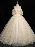 Champagne Tulle Floor Length Prom Dress, A-Line Off the Shoulder Formal Evening Dress HZ0429