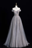 Sparkly Grey Tulle Ball Gown Off Shoulder Formal Evening Dress HZ0429