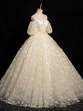 Champagne Tulle Floor Length Prom Dress, A-Line Off the Shoulder Formal Evening Dress HZ0429