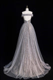 Sparkly Grey Tulle Ball Gown Off Shoulder Formal Evening Dress HZ0429