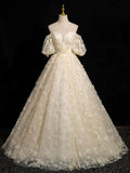 Champagne Tulle Floor Length Prom Dress, A-Line Off the Shoulder Formal Evening Dress HZ0429