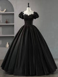 Black Scoop Neckline Satin Lace Long Prom Dress, A-Line Short Sleeve Party Dress HZ0429