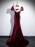 Burgundy Velvet Long Prom Dress, Mermaid Short Sleeve Evening Party Dress HZ0429