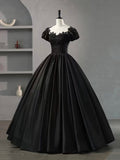 Black Scoop Neckline Satin Lace Long Prom Dress, A-Line Short Sleeve Party Dress HZ0429