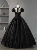 Black Scoop Neckline Satin Lace Long Prom Dress, A-Line Short Sleeve Party Dress HZ0429