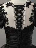 Black Scoop Neckline Satin Lace Long Prom Dress, A-Line Short Sleeve Party Dress HZ0429