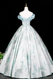 Elegant Blue Pearl Printing Long Prom Dress, A-Line Off the Shoulder Party Dress HZ0429
