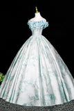 Elegant Blue Pearl Printing Long Prom Dress, A-Line Off the Shoulder Party Dress HZ0429